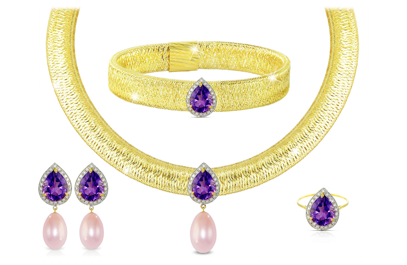 Vera Perla 18K Gold 0.60ct Diamonds, Amethyst and 13mm Purple Pearl Jewelry Set - 4 pcs.